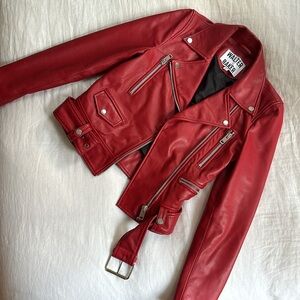 Never used brand new red real leather bomber jacket